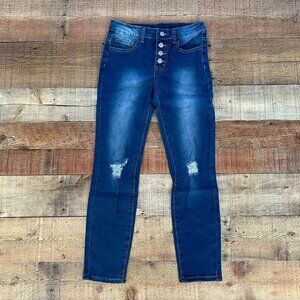 Shein Girls Button Fly Front Distressed Skinny Jeans in Blue -10